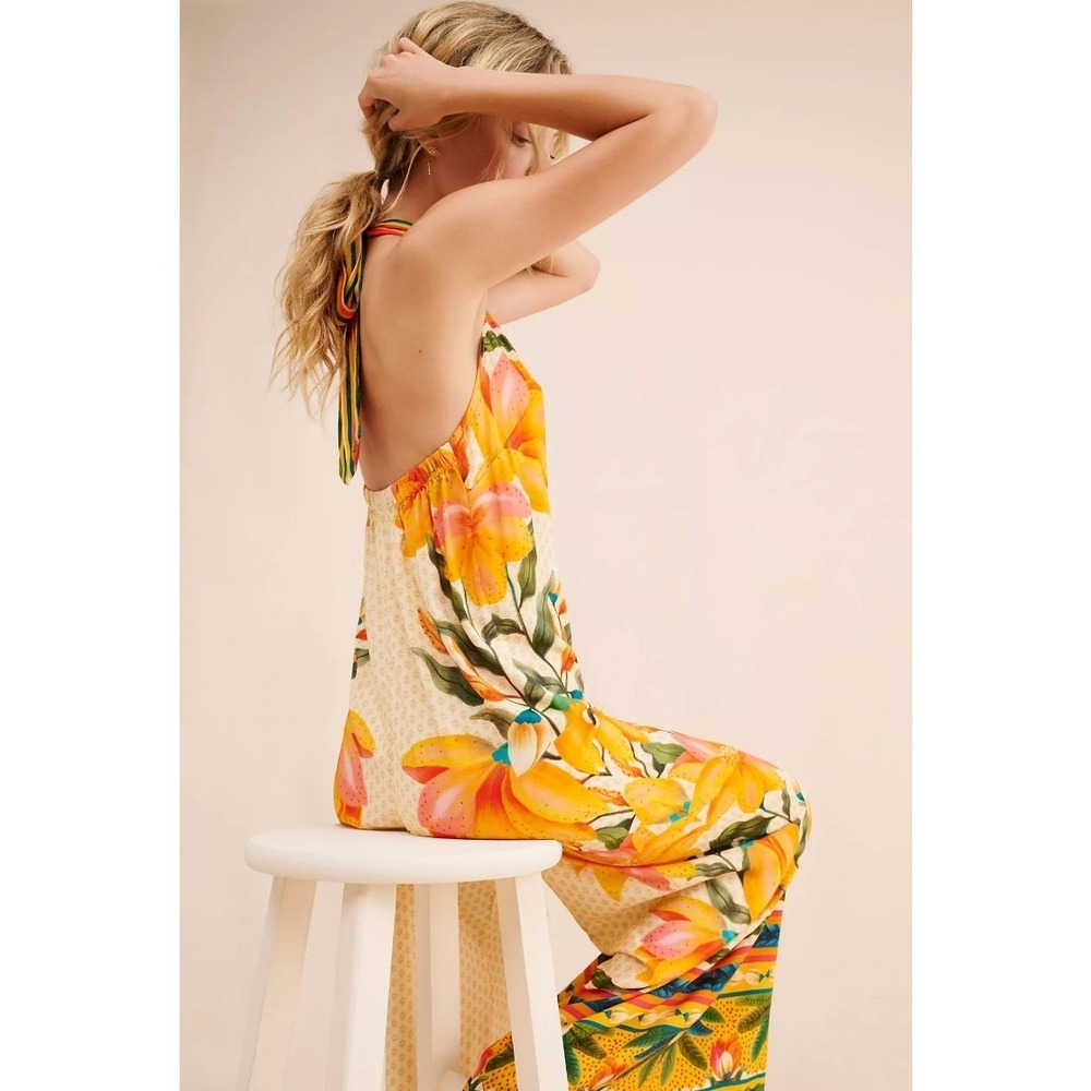 Farm Rio Tropical Floral Wide Leg Halter Jumpsuit Sz L Yellow Boho Anthropologie - Picture 4 of 16